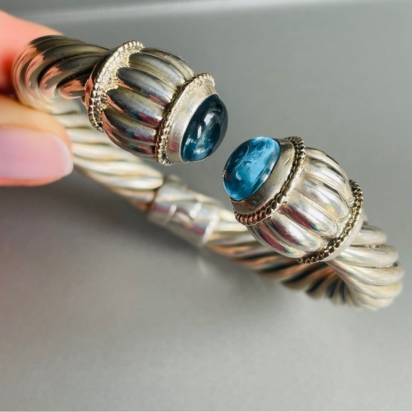 Large Blue Topaz 14k Gold & Sterling Silver 10mm Classic Cable Cuff Brac… - Picture 1 of 11